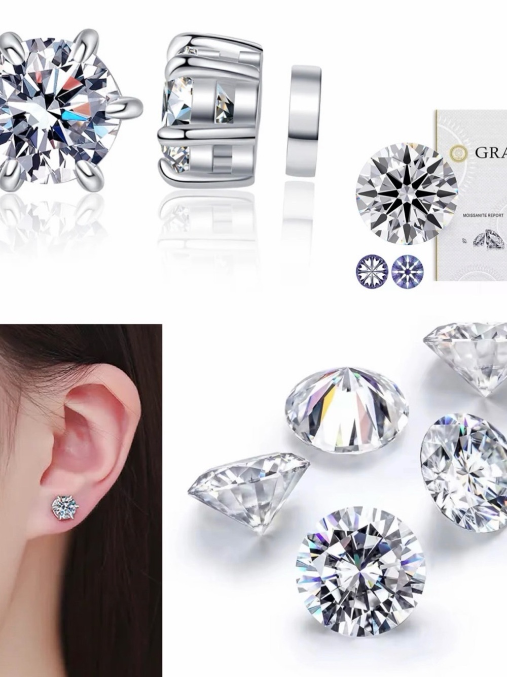 GRA Mossanite Round Clear Stud Earring or set  (magnetic back)